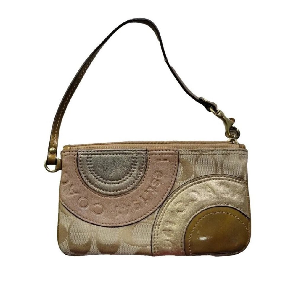 Coach Gold Leather & Canvas Signature CC Small Zip Up Wristlet